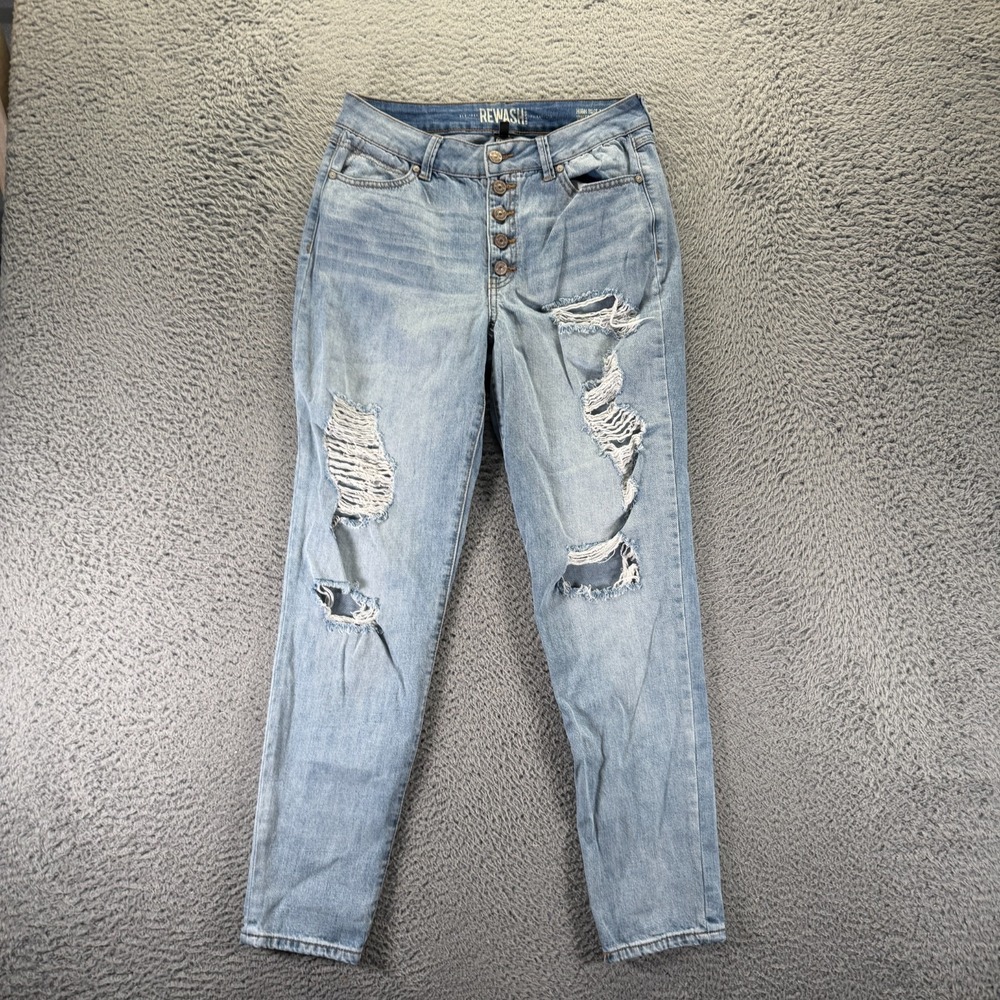 Vintage Rewash Jeans Women 9 Blue Cotton Denim Mom Distressed Button-Fly Stretch